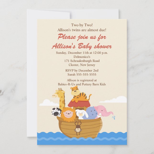 TWINS! Noah's Ark Boy or Girl Baby Shower Invitation (Front)