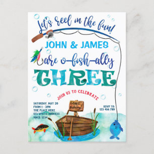 Twins O-fish-ally fishing themed 3rd birthday Invitation Postcard