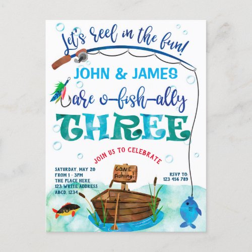 Twins O_fish_ally fishing themed 3rd birthday Invitation Postcard