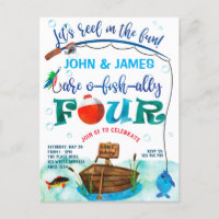 Twins O-fish-ally fishing themed 4thbirthday Invitation Postcard