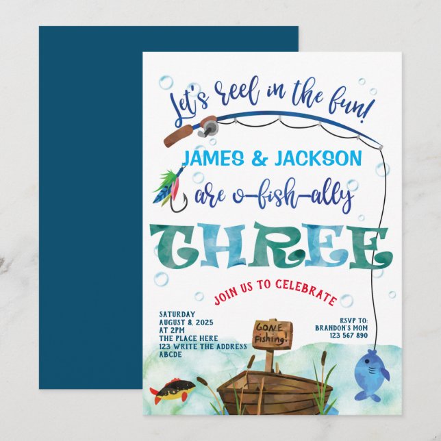 Twins O-fish-ally Little Fisherman 3rd Invitation (Front/Back)