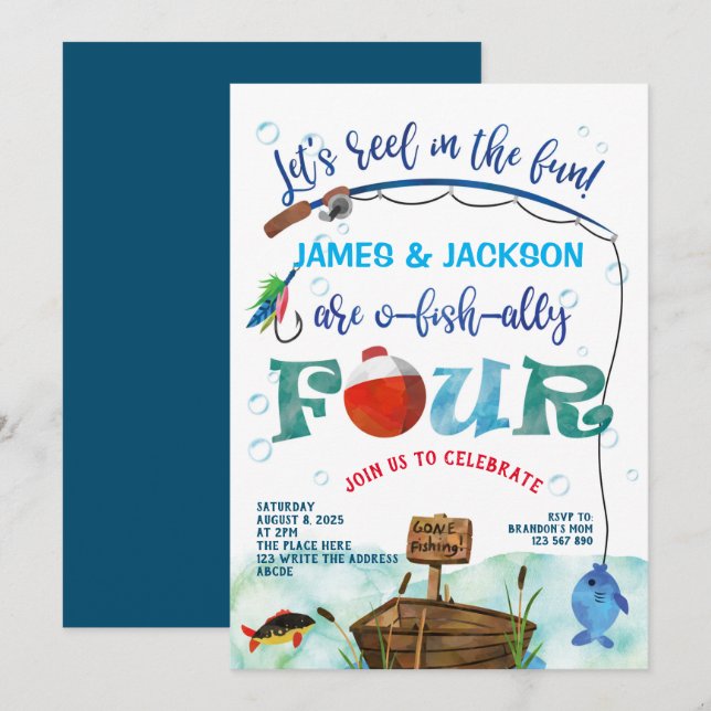 Twins O-fish-ally Little Fisherman 4th birthday  Invitation (Front/Back)