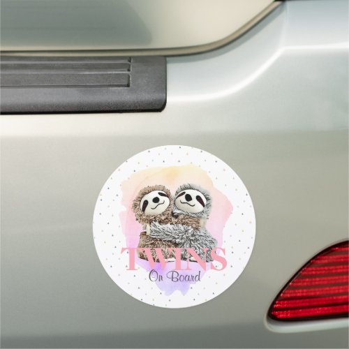 Twins On Board Cute Sloth Hugs Baby Pink Pattern Car Magnet