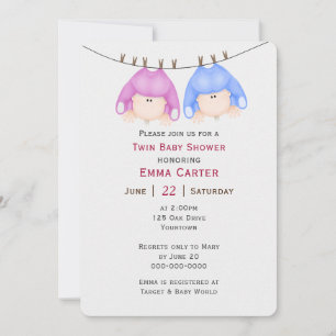 Twins On Clothesline Baby Shower Invitation