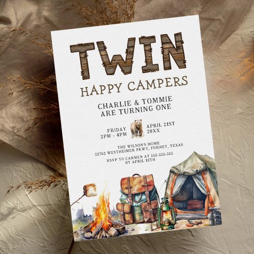 Twins One Happy Camper Rustic 1st Birthday Invitation