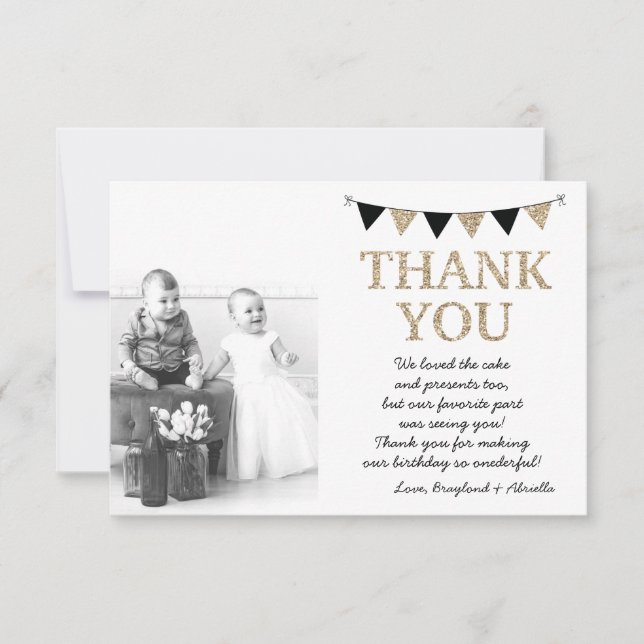 Twins Onederful Thank You Card, Gold Faux Glitter Card (Front)
