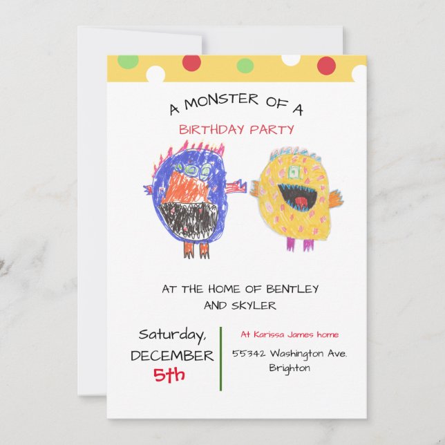 TWINS or SIBLING Invitation Monster Birthday Party (Front)