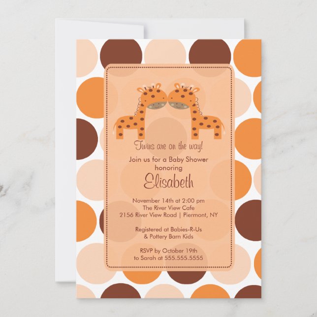 Twins Orange Giraffe Baby Shower Invitation (Front)