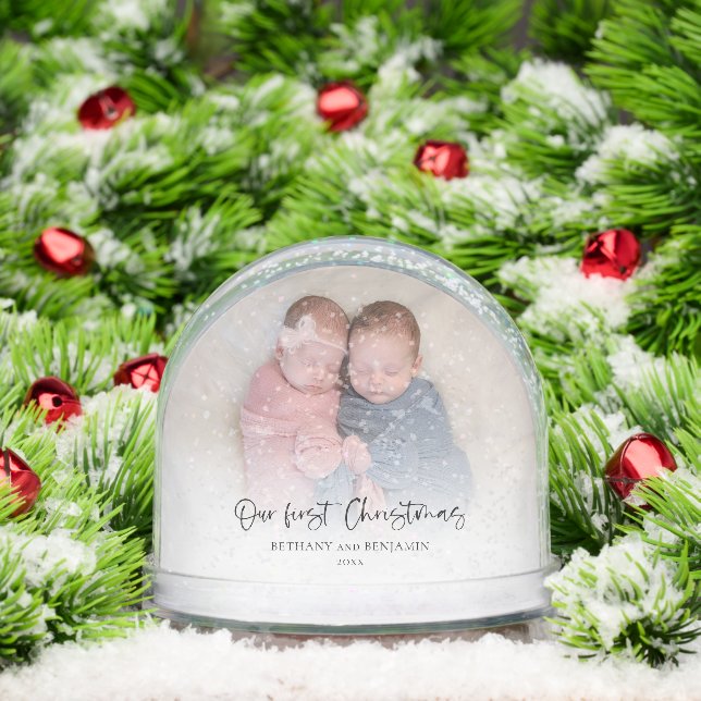 Twins Our First Christmas 2 Photos Script Baby Snow Globe (Christmas)