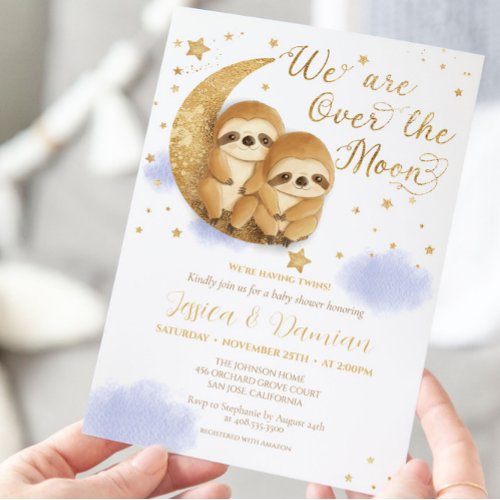 Twins Over the Moon Sloth Gold Blue Baby Shower In Invitation