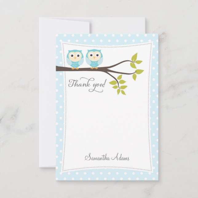 Twins Owls Thank You Card (Blue) (Front)