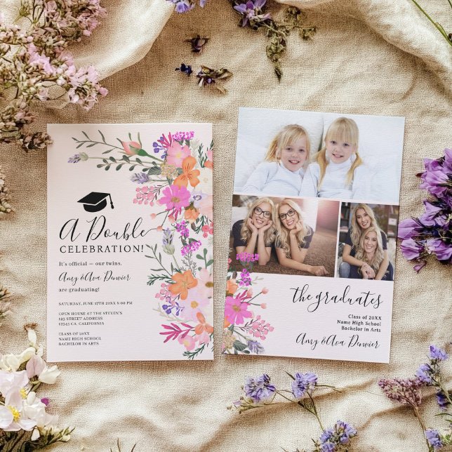 Twins pastel wild flowers spring double graduation invitation (Twins pastel wild flowers spring double graduation invitation)