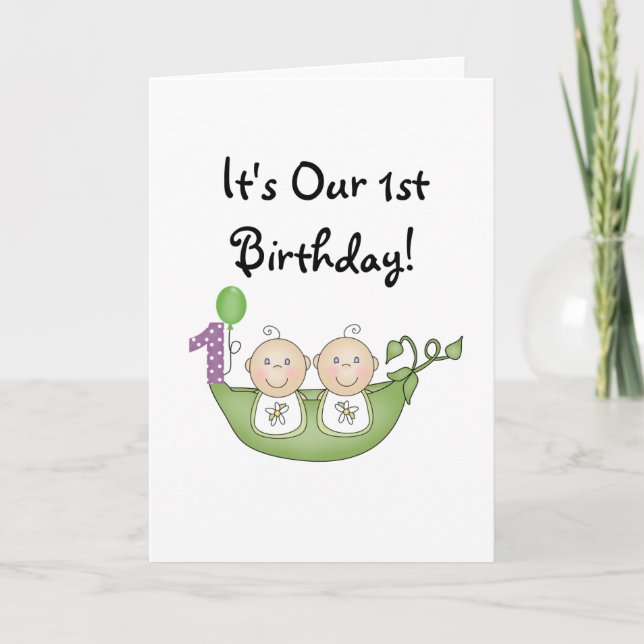 Twins Peas in a Pod  First Birthday Announcement (Front)