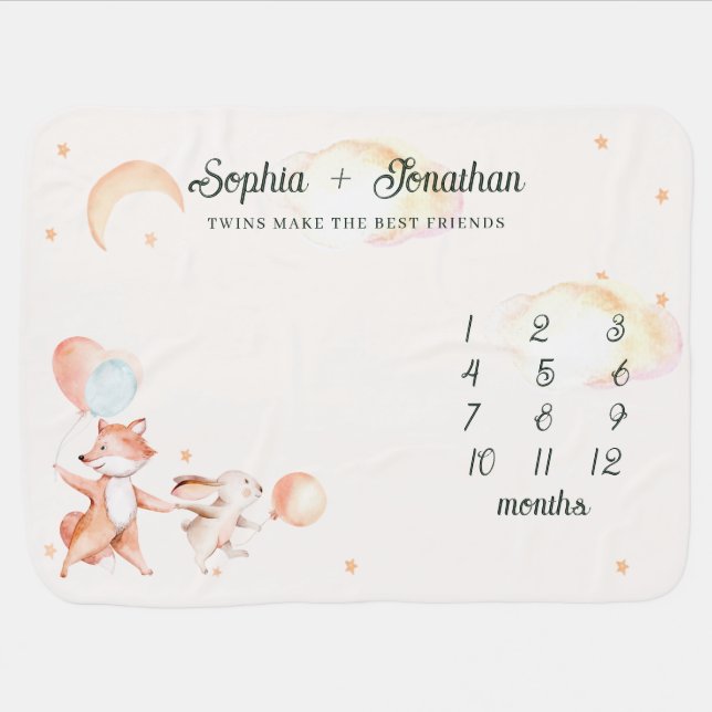 Twins Personalized Baby Milestone Blanket (Horizontal)