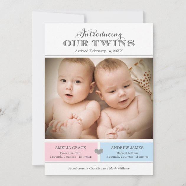 Twins Photo Birth Announcement Card | Girl And Boy