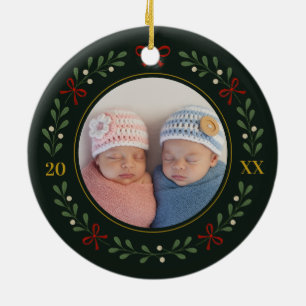 Twins Photo Wreath Ornament – Dark Green