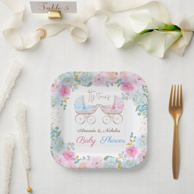 Twins Pink and Blue Baby Shower Decor Paper Plates (Wedding)