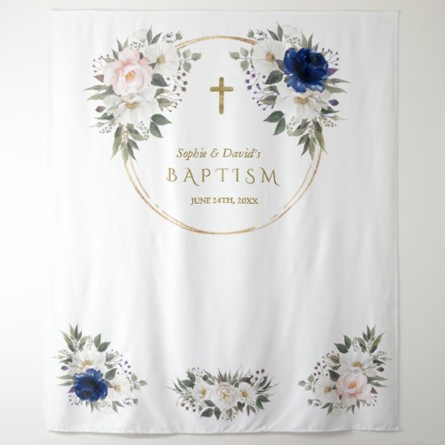 Twins Pink Blue Floral Baptism Gold Photo Prop  Tapestry