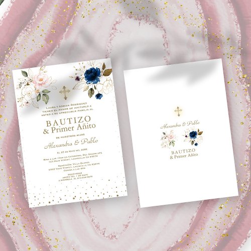 Twins Pink Blue Flowers Primer Aito Bautizo Invitation