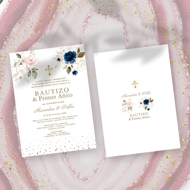 Twins Pink Blue Flowers Primer Añito Bautizo Invitation (Twins Pink Blue Flowers Primer Añito Bautizo Invitation, trendy, elegant, modern, rustic)