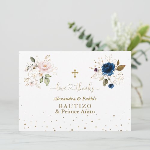 Twins Pink Blue Flowers Primer Aito Y Bautizo Thank You Card