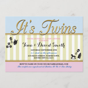 Twins Pink Blue Gold Boy Girl Baby Shower Invite