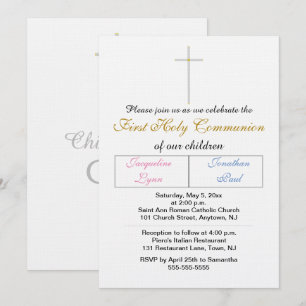 Twins Pink Blue Gold Color First Holy Communion Invitation