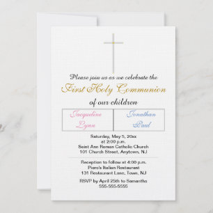 Twins Pink Blue Gold Color First Holy Communion Invitation
