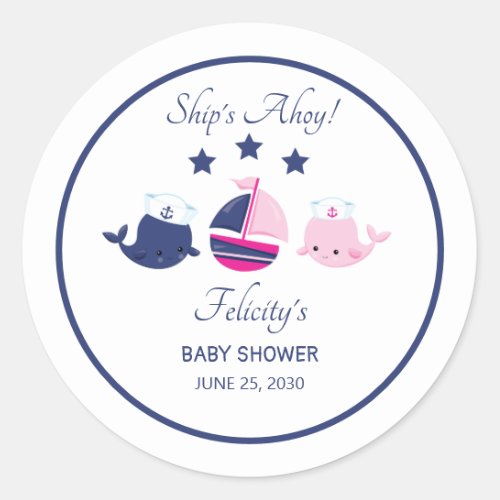 Twins Pink Blue Nautical Ahoy Baby Shower Classic  Classic Round Sticker