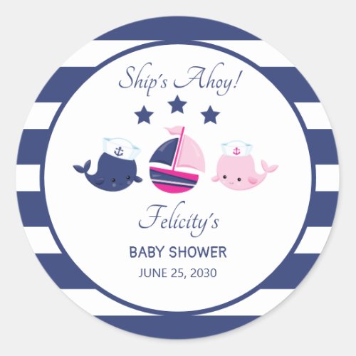 Twins Pink Blue Nautical Ahoy Baby Shower Classic Round Sticker