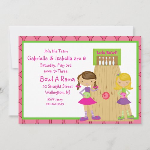 Twins Pink Cute Girl Bowling Party Invitation