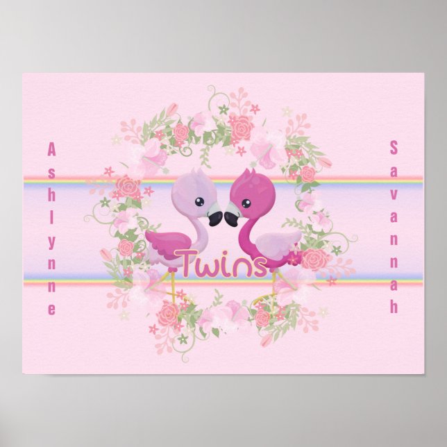 Twins Pink Flamingo Baby Shower Personalized Poster (Front)