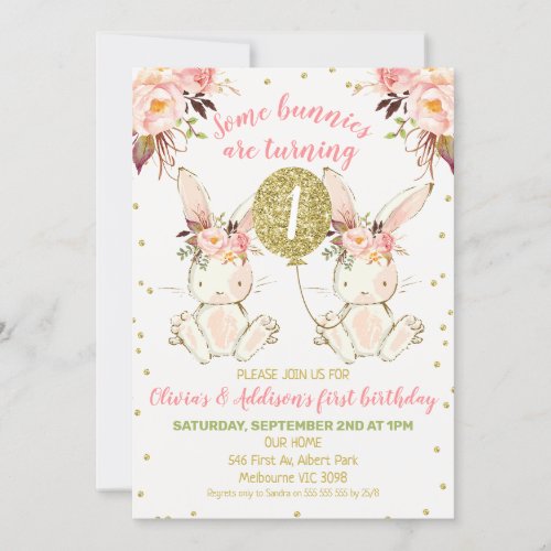 Twins Pink Gold Floral Bunny 1st Birthday Invitation
