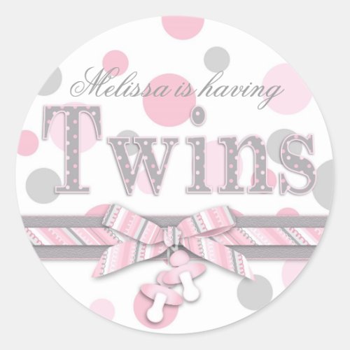 Twins Pink  Gray Polka Dots Baby Shower Classic Round Sticker