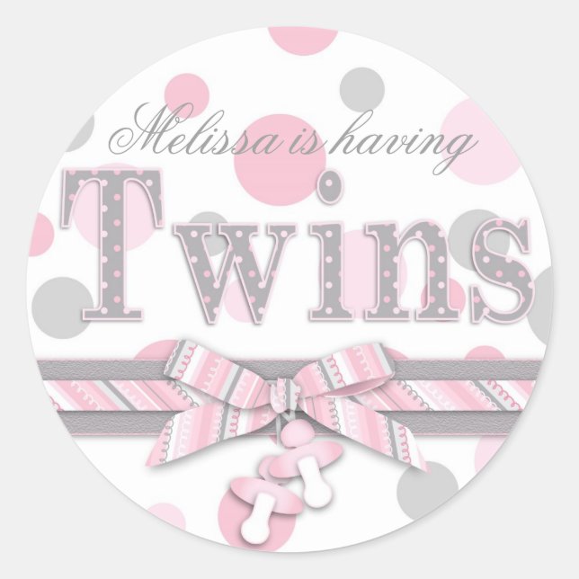 Twins Pink & Gray Polka Dots Baby Shower Classic Round Sticker (Front)
