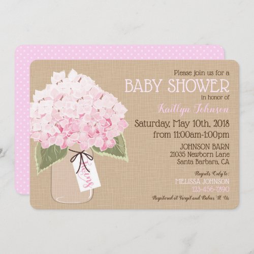 Twins Pink Hydrangea Mason Jar Rustic Baby Shower Invitation