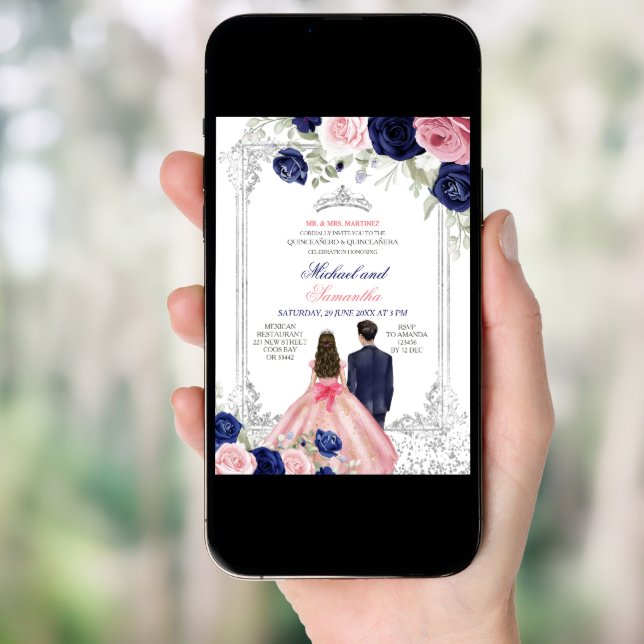 Twins Pink & Navy Blue Floral Silver Quinceañera Invitation (Front Digital)