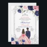 Twins Pink & Navy Blue Floral Silver Quinceañera Invitation<br><div class="desc">EDITABLE Twins Pink & Navy Blue Floral Silver Quinceañera Invitation
Elegant Prince and Princess 15 Años,  Silver Crown Royal Twins Invite
Mis Qunce,  Quinceañero Invitation</div>