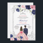 Twins Pink & Navy Blue Floral Silver Quinceañera Invitation<br><div class="desc">EDITABLE Twins Pink & Navy Blue Floral Silver Quinceañera Invitation
Elegant Prince and Princess 15 Años,  Silver Crown Royal Twins Invite
Mis Qunce,  Quinceañero Invitation</div>