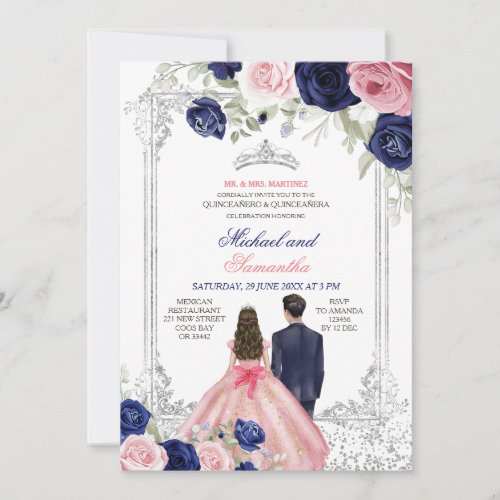 Twins Pink &amp; Navy Blue Floral Silver Quincea&#241;era Invitation
