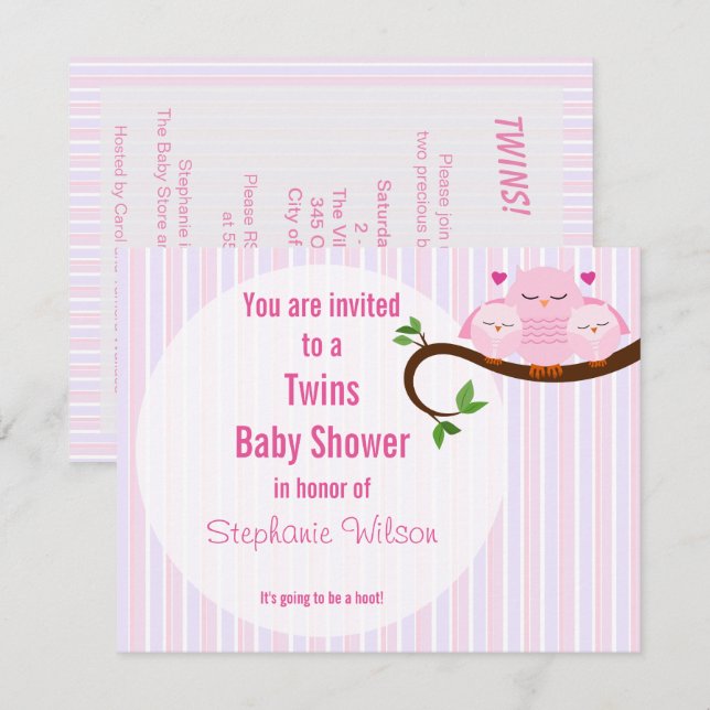 Twins Pink Owls A Hoot Of A Baby Shower Invitation (Front/Back)
