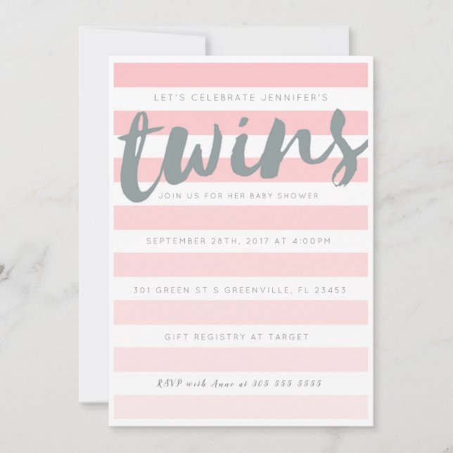 Twins Pink Striped Baby Shower Invitation (Front)