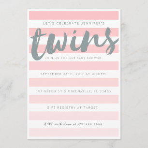 Twins Pink Striped Baby Shower Invitation