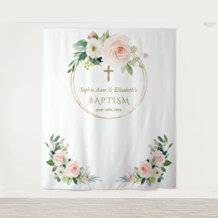 Twins Pink White Floral Baptism Gold Photo Prop Tapestry