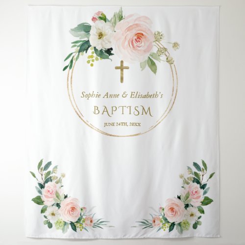 Twins Pink White Floral Baptism Gold Photo Prop   Tapestry