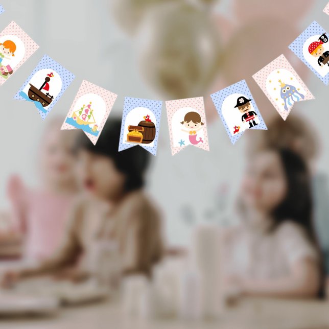 Twins Pirate Mermaids pink blue boy girl birthday Bunting Flags (Creator Uploaded)