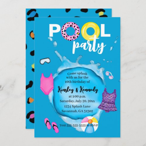 Twins Pool Party Birthday Splash Leopard Swimsuit Invitation