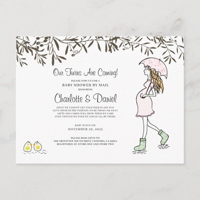 Twins Pregnancy Pregnant Mom With Umbrella Invitation Postcard (Front)