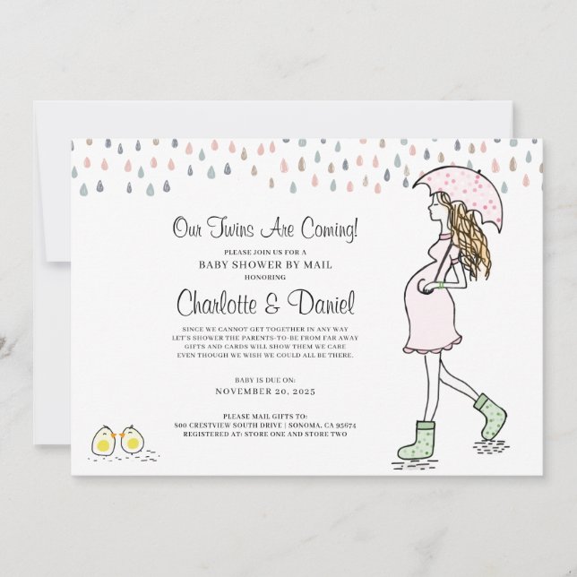 Twins Pregnant Mom Umbrella Baby Shower By Mail In Invitation (Front)