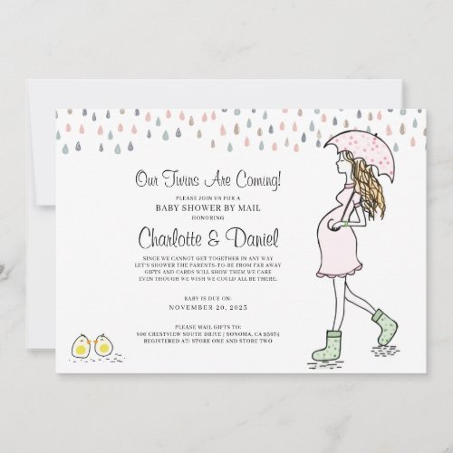 Twins Pregnant Mom Umbrella Baby Shower By Mail In Invitation